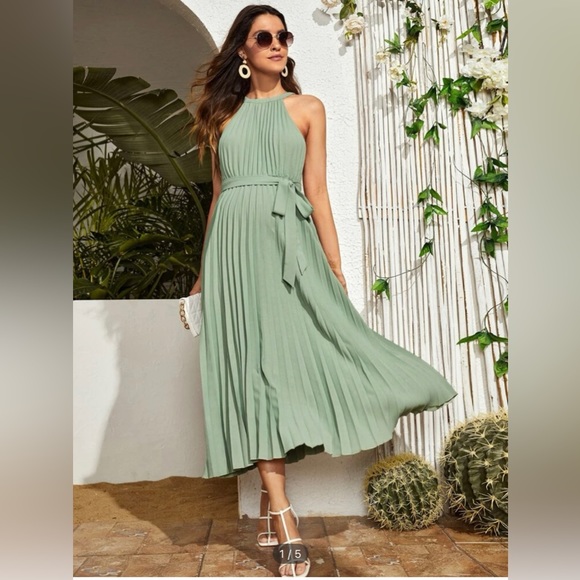 SHEIN Dresses & Skirts - SHEIN Sage Green Pleated Maternity Maxi Dress Halter NWOT Size L
